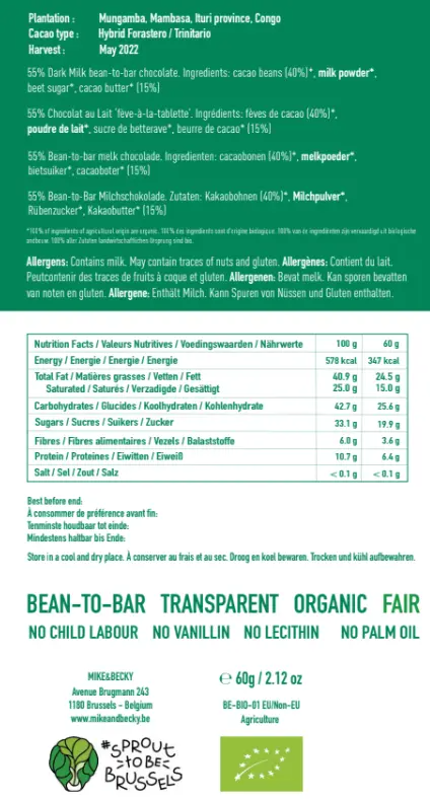 Mike & Becky - Tablette - Crunchy Nibs 55% - Dark Milk Mungamba + Cacao Nibs - Congo