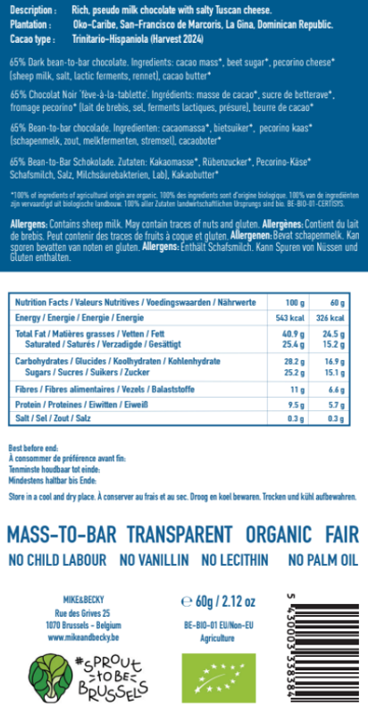 Mike & Becky - Tablette - Pecorino 65% - Dominican Republic