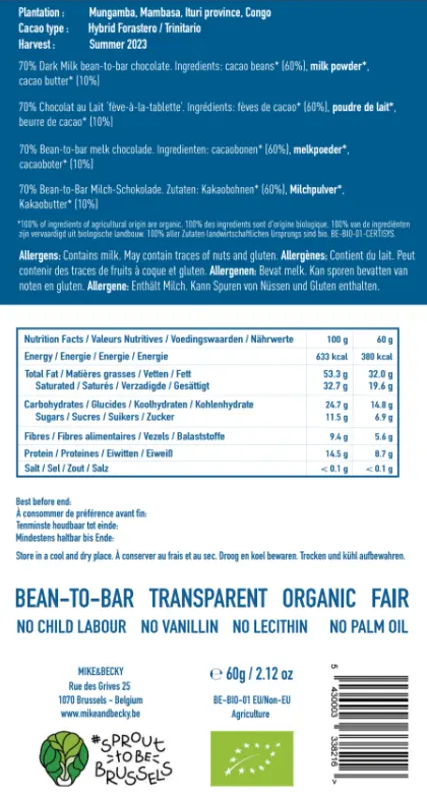 Mike & Becky - Tablette - Zero Sugar 70% - Very Dark Milk Mungamba - Congo